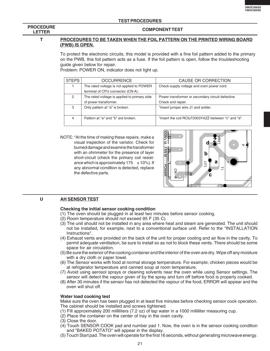 Viking DMOC205SS Steps Occurrence Cause or Correction, AH Sensor Test, Checking the initial sensor cooking condition 