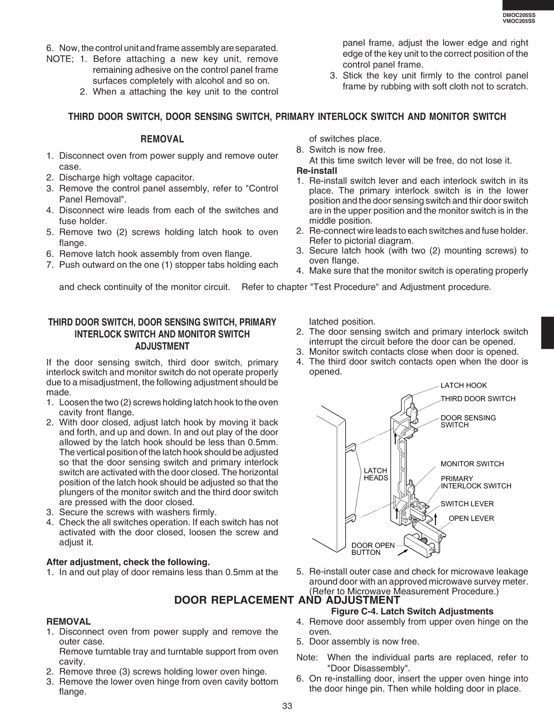 Viking DMOC205SS, VMOC205SS service manual Door Replacement and Adjustment, Removal, After adjustment, check the following 