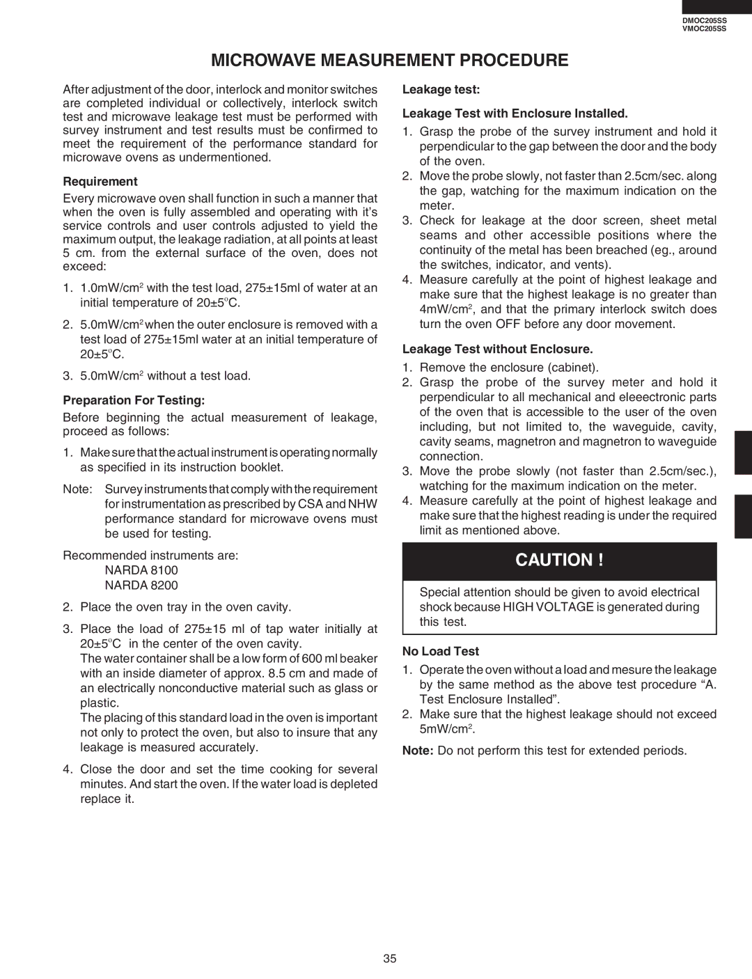 Viking DMOC205SS, VMOC205SS service manual Microwave Measurement Procedure, Requirement, Preparation For Testing 