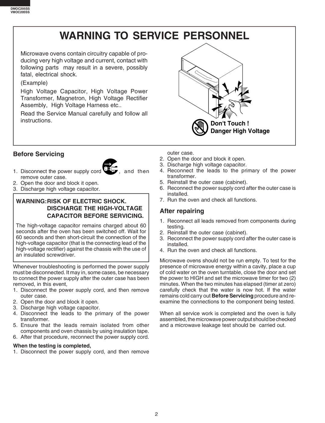 Viking VMOC205SS, DMOC205SS service manual Before Servicing, When the testing is completed 