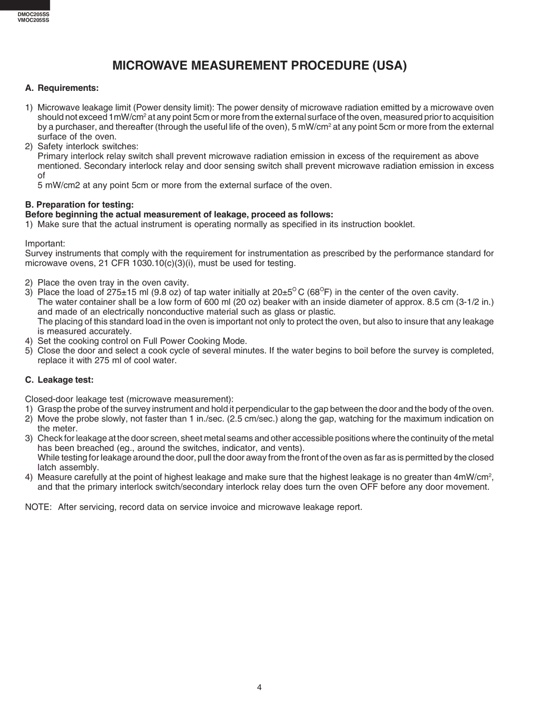 Viking VMOC205SS, DMOC205SS service manual Microwave Measurement Procedure USA, Leakage test 