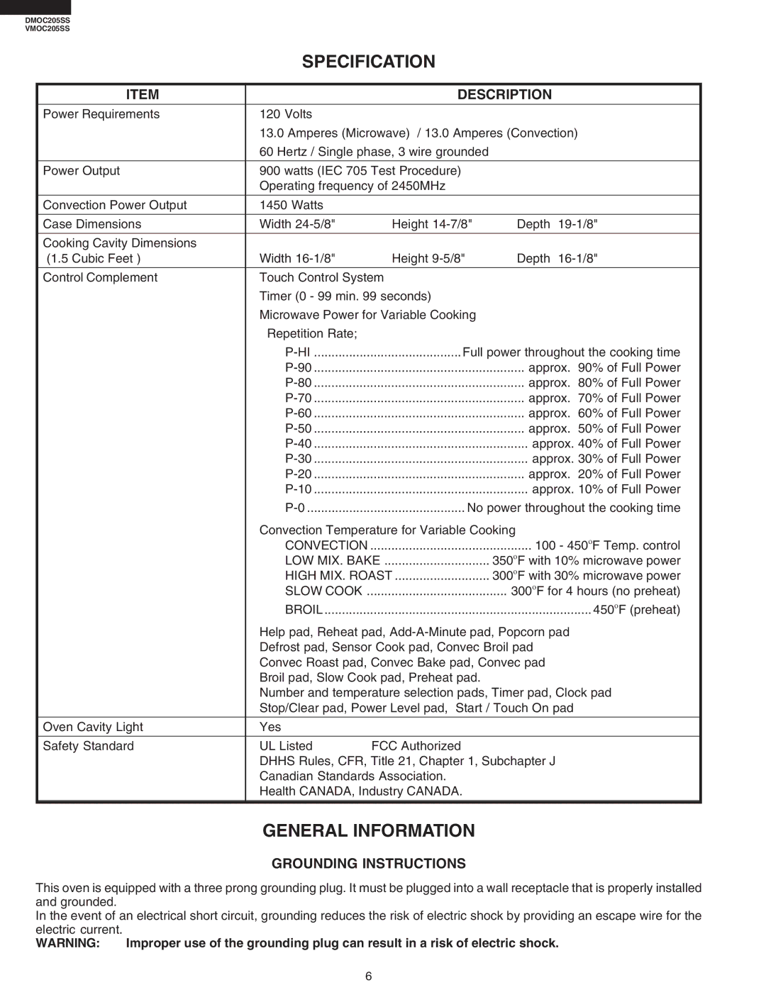 Viking VMOC205SS, DMOC205SS service manual Specification, Description, High MIX. Roast 