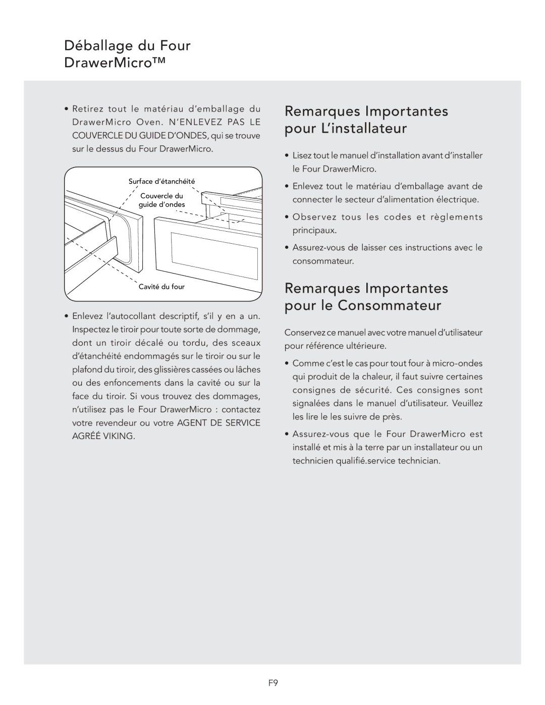 Viking DMOD241SS, VMOD241SS manual Déballage du Four DrawerMicro, Remarques Importantes pour L’installateur 