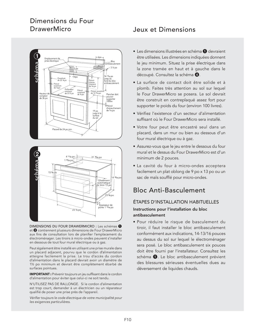 Viking VMOD241SS, DMOD241SS manual Dimensions du Four DrawerMicro Jeux et Dimensions, Bloc Anti-Basculement 