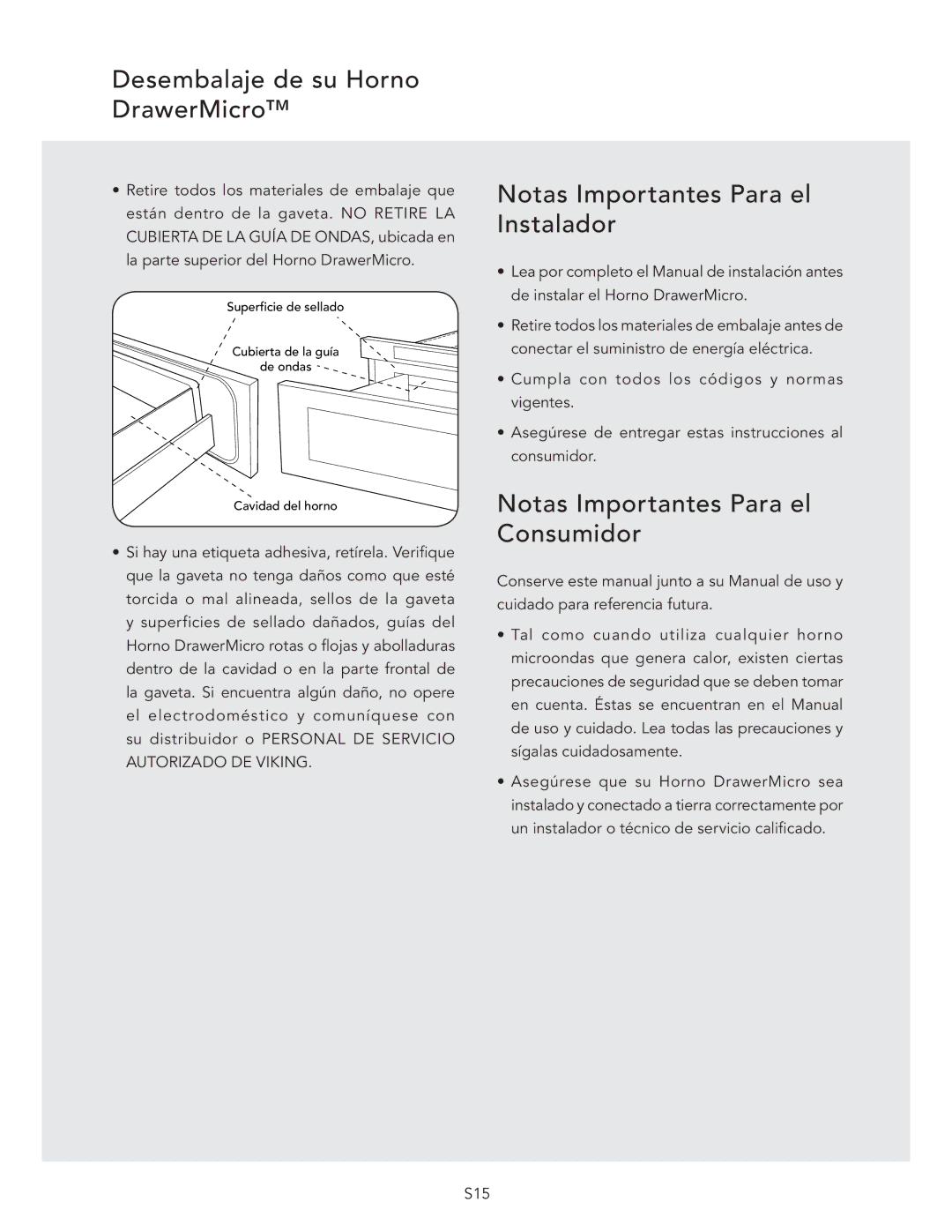 Viking DMOD241SS, VMOD241SS manual Desembalaje de su Horno DrawerMicro, Notas Importantes Para el Instalador 