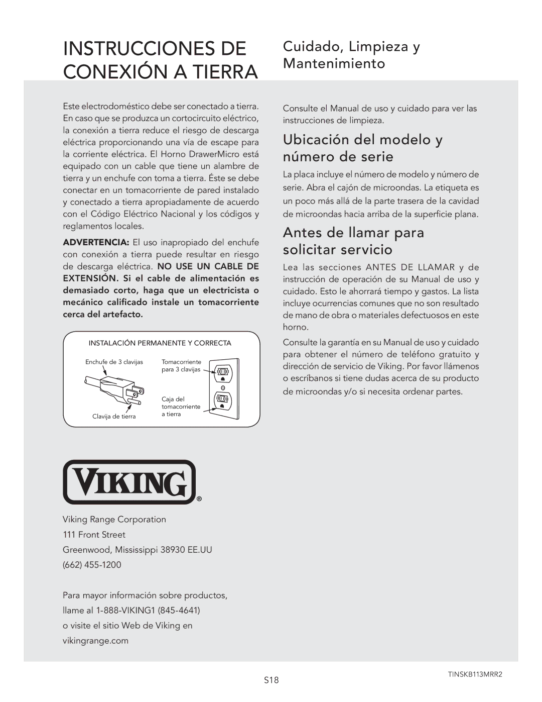 Viking VMOD241SS, DMOD241SS manual Instrucciones DE Conexión a Tierra, Cuidado, Limpieza y Mantenimiento 