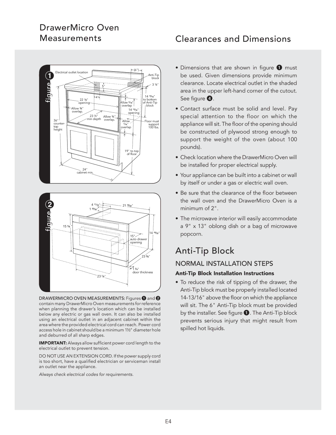 Viking VMOD241SS, DMOD241SS manual DrawerMicro Oven Measurements Clearances and Dimensions, Anti-Tip Block 