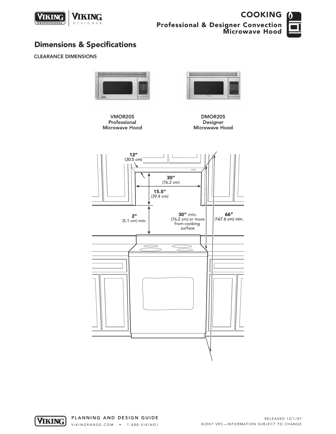 Viking VMOR205SS manual Clearance Dimensions VMOR205 DMOR205, 15.5 