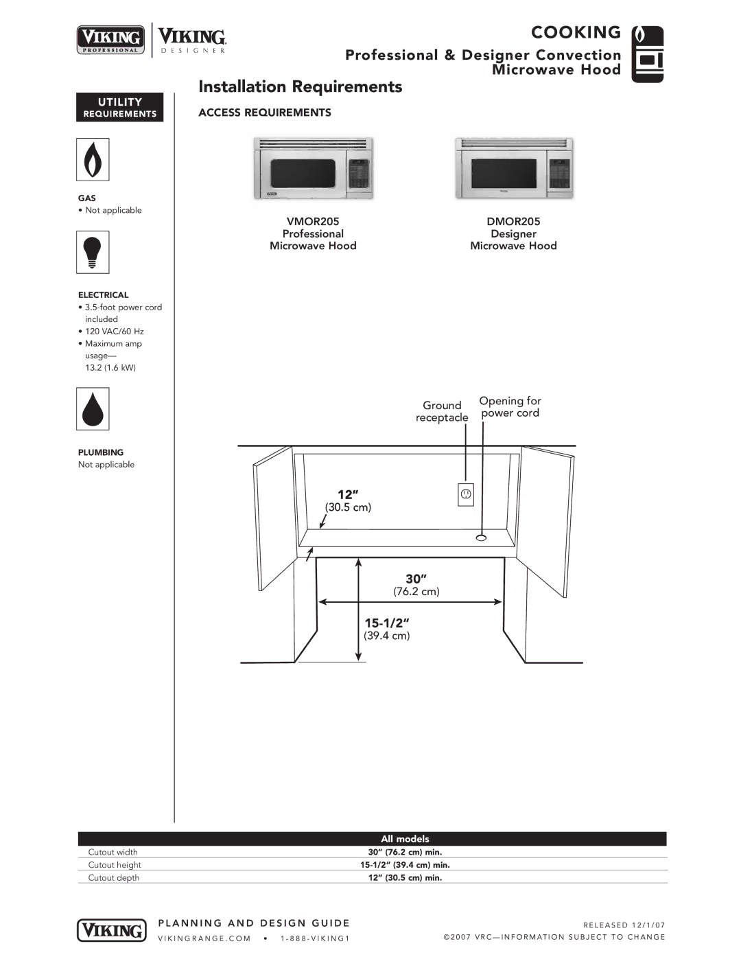 Viking VMOR205SS, DMOR205 manual Installation Requirements, Designer, 39.4 cm 