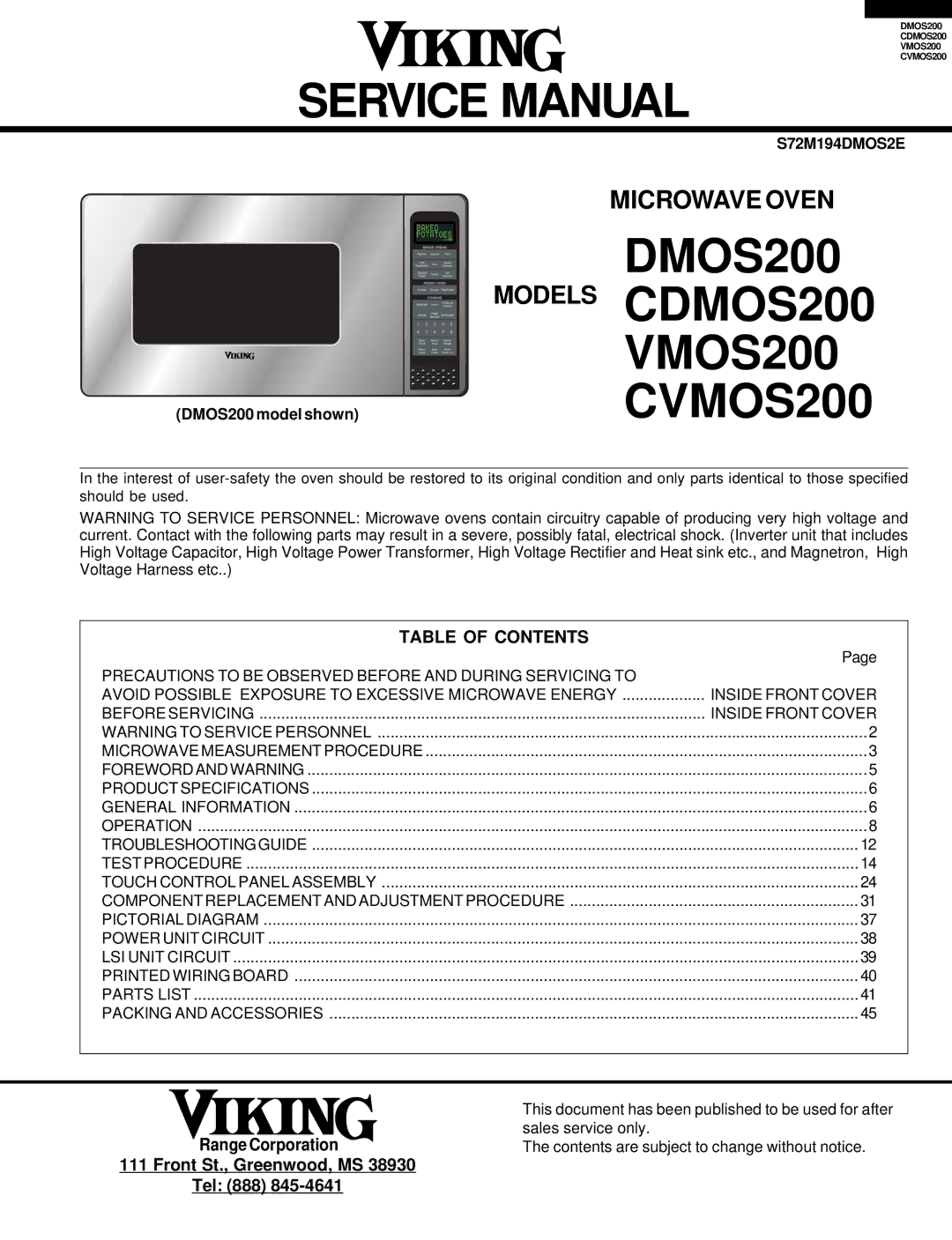 Viking CVMOS200 service manual Models CDMOS200 VMOS200, Table of Contents 