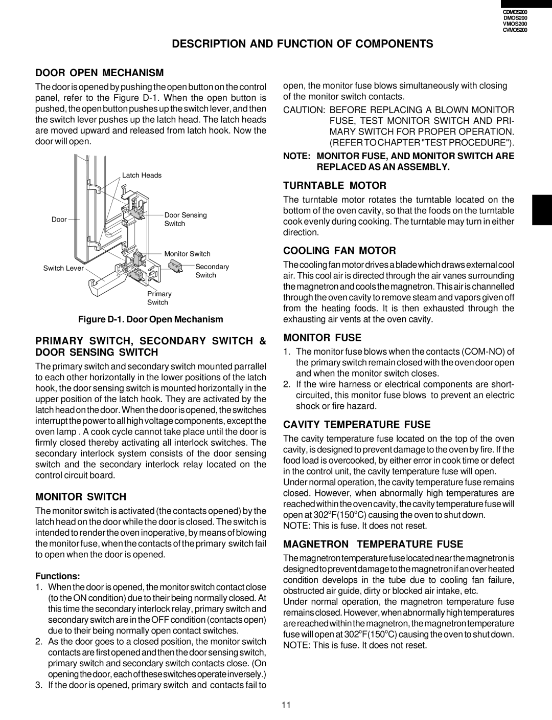 Viking CDMOS200, CVMOS200 service manual Description and Function of Components 