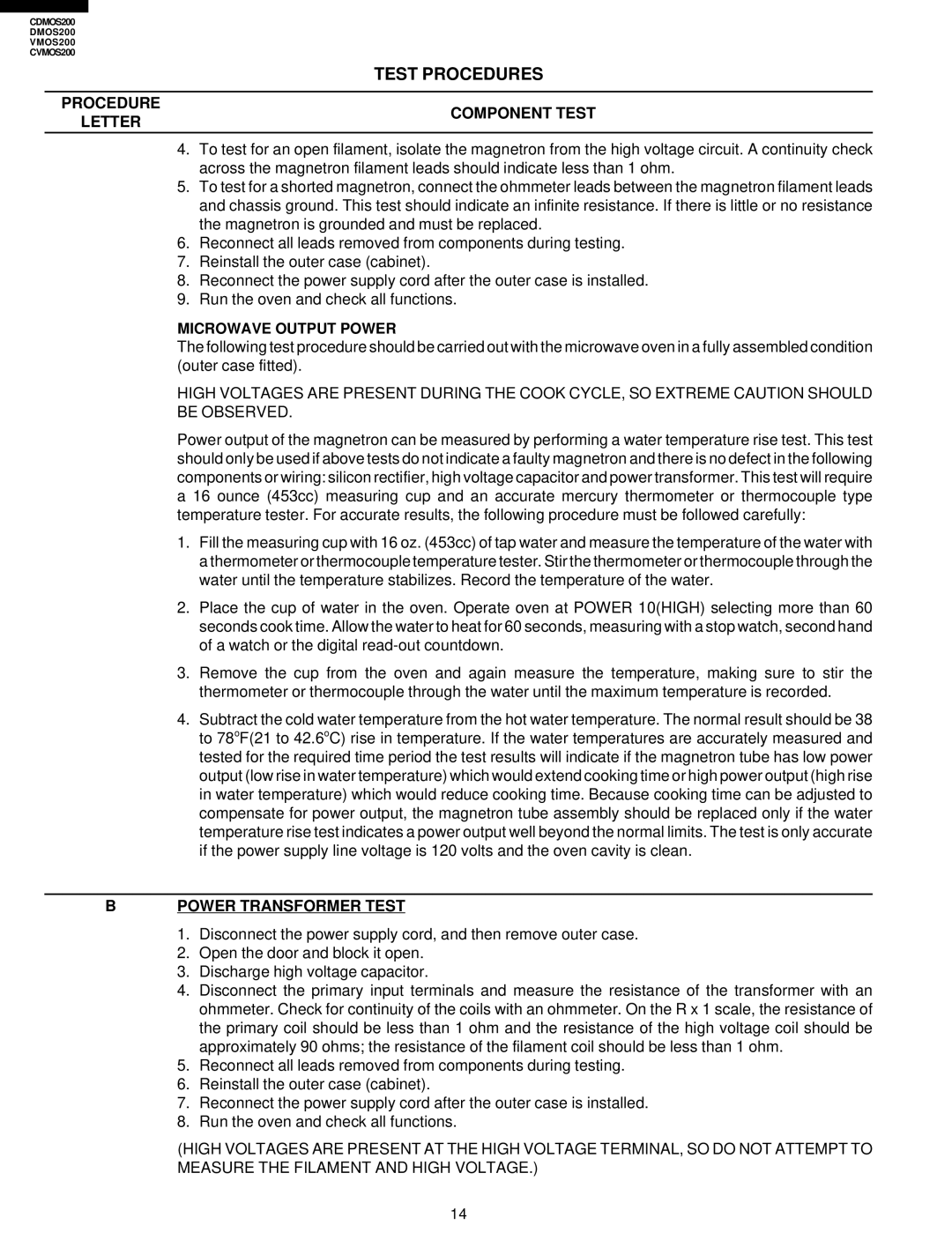 Viking CDMOS200, CVMOS200 Procedure Letter Component Test, Microwave Output Power, Power Transformer Test 