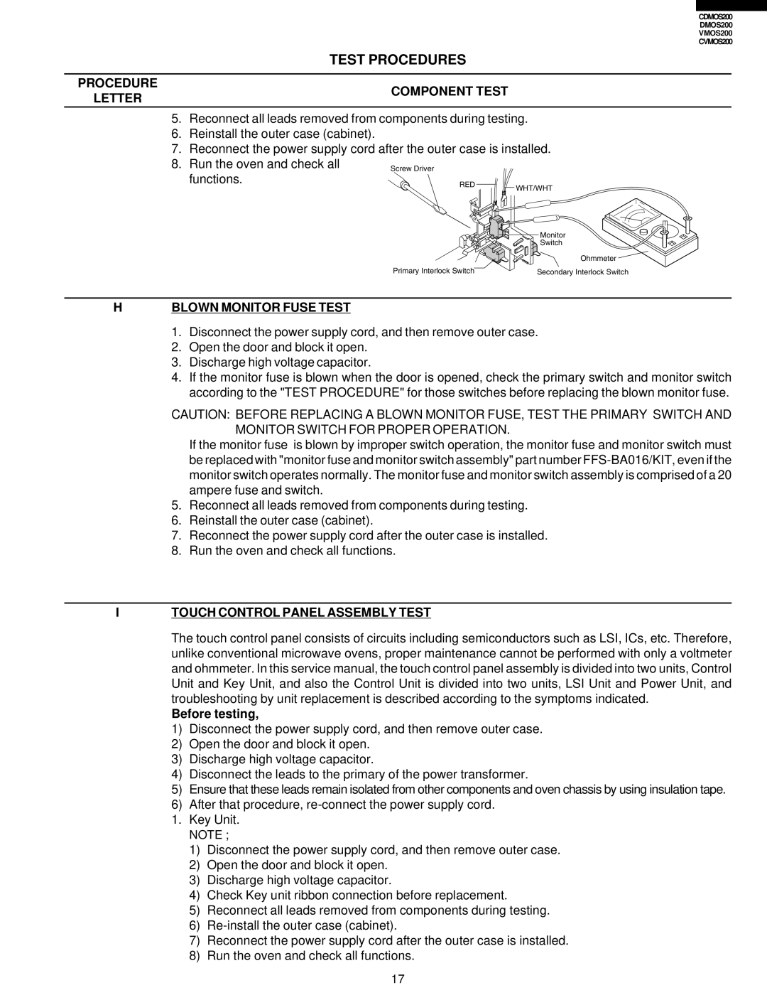 Viking CVMOS200, CDMOS200 service manual Blown Monitor Fuse Test, Touch Control Panel Assembly Test, Before testing 