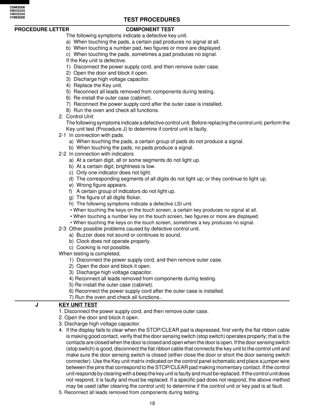 Viking CDMOS200, CVMOS200 service manual Test Procedures, KEY Unit Test 