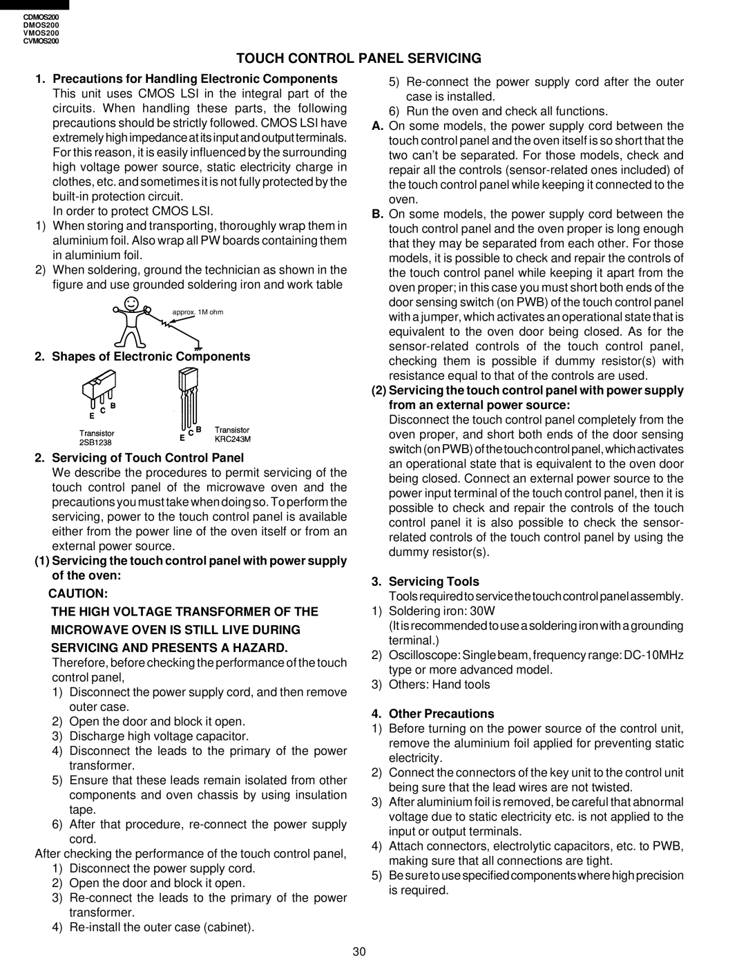 Viking CDMOS200, CVMOS200 service manual Touch Control Panel Servicing, Servicing Tools, Other Precautions 