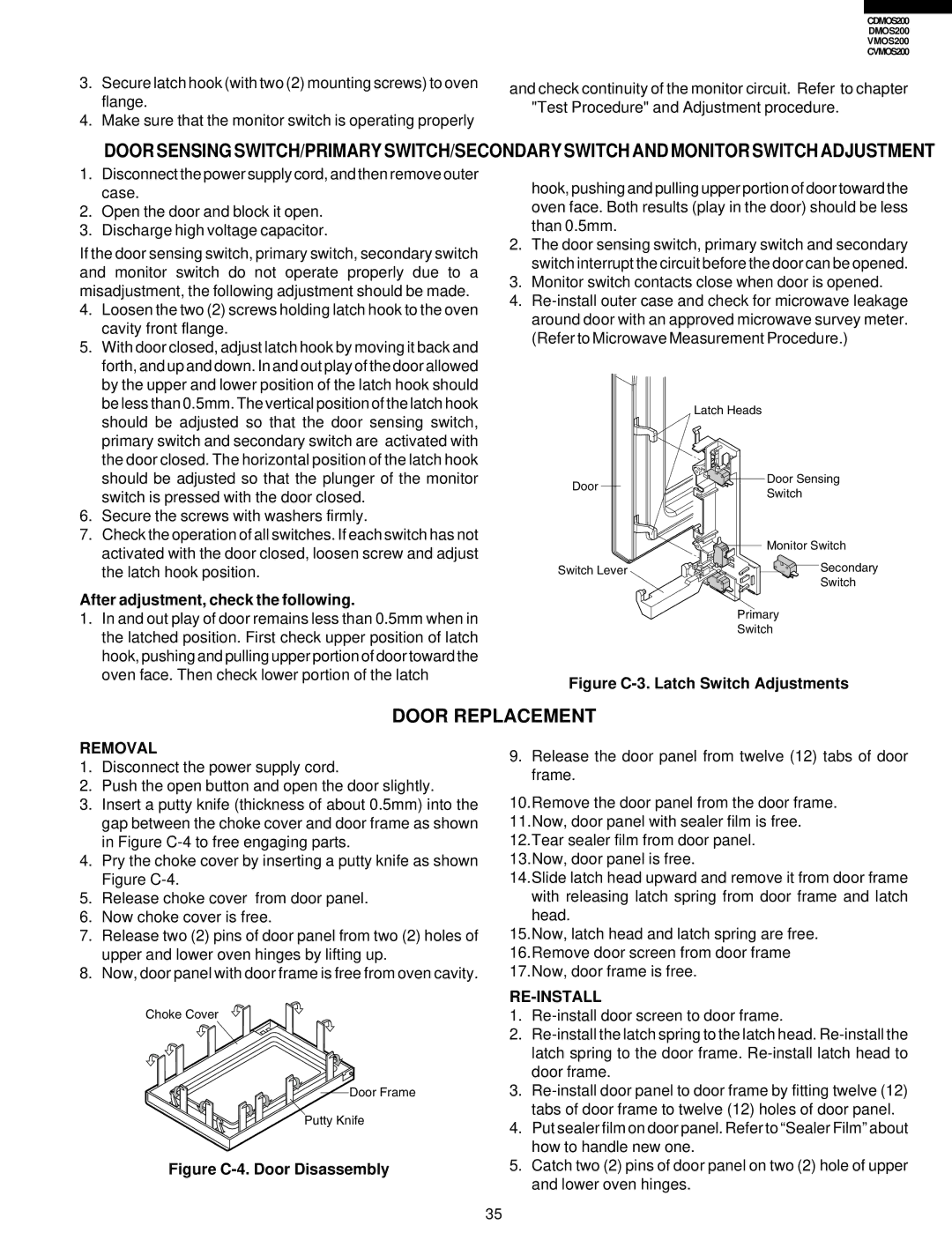 Viking CDMOS200, CVMOS200 service manual Door Replacement, After adjustment, check the following 