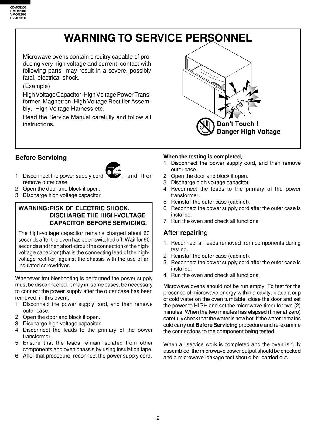 Viking CDMOS200, CVMOS200 service manual Before Servicing, When the testing is completed 