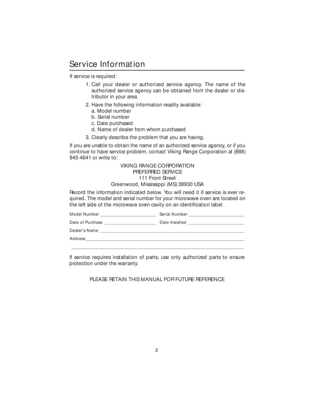 Viking VMOS200BT, VMOS201SS, VMOS200BK, VMOS201AR Service Information, Viking Range Corporation Preferred Service 