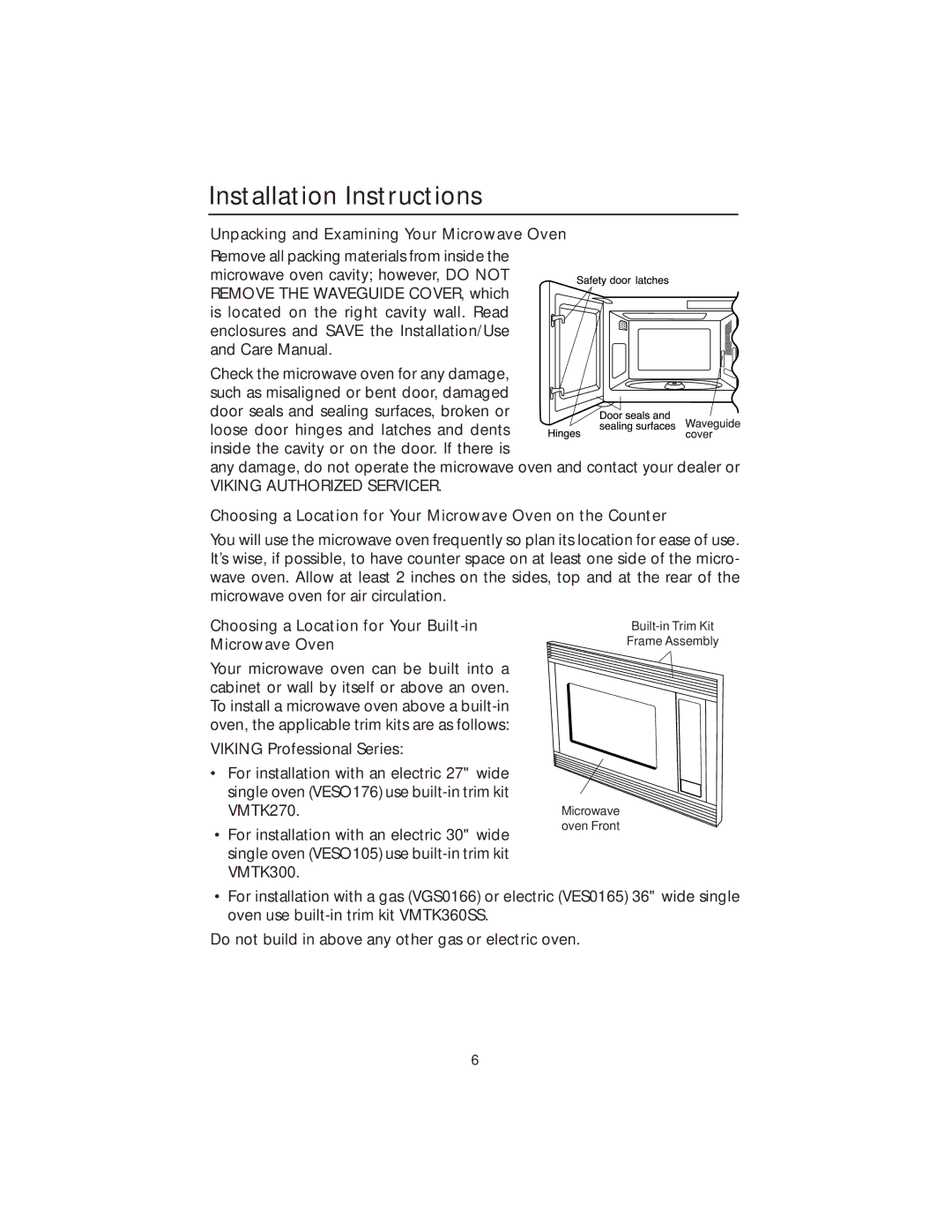 Viking VMOS200BT, VMOS201SS, VMOS200BK, VMOS201AR Installation Instructions, Unpacking and Examining Your Microwave Oven 