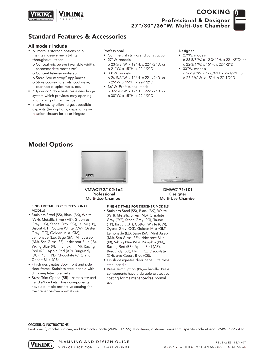 Viking VMWC1162, VMWC172SS, VMWC102, DMWC101 manual Standard Features & Accessories, Model Options, All models include 