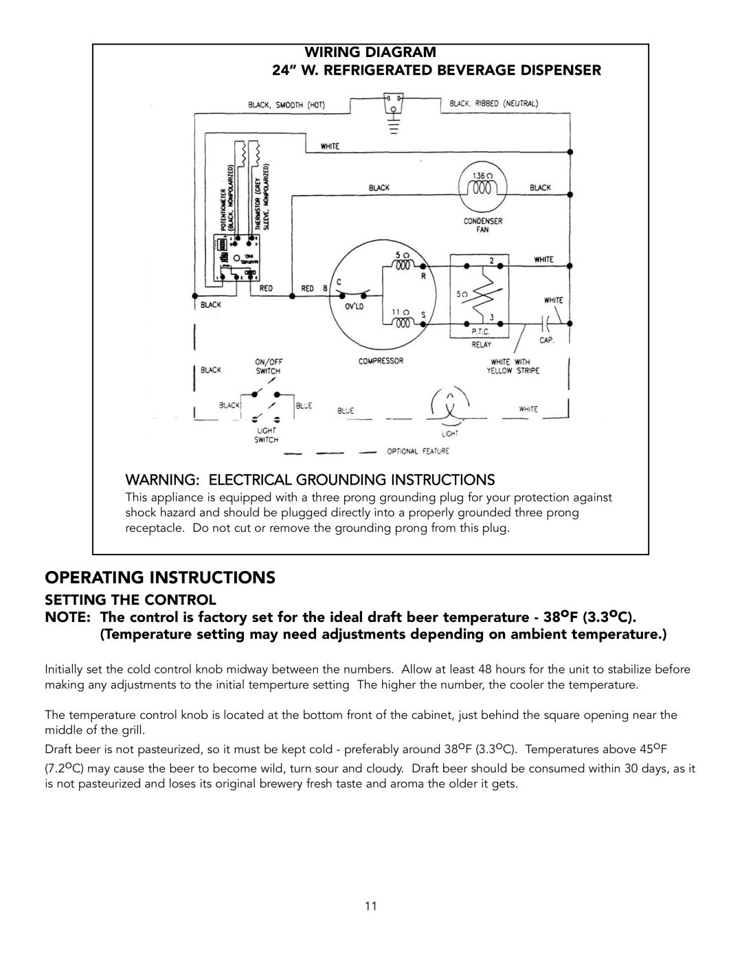 Viking VRBD/VUBD 24 W Operating Instructions, Wiring Diagram 24 W. Refrigerated Beverage Dispenser, Setting the Control 