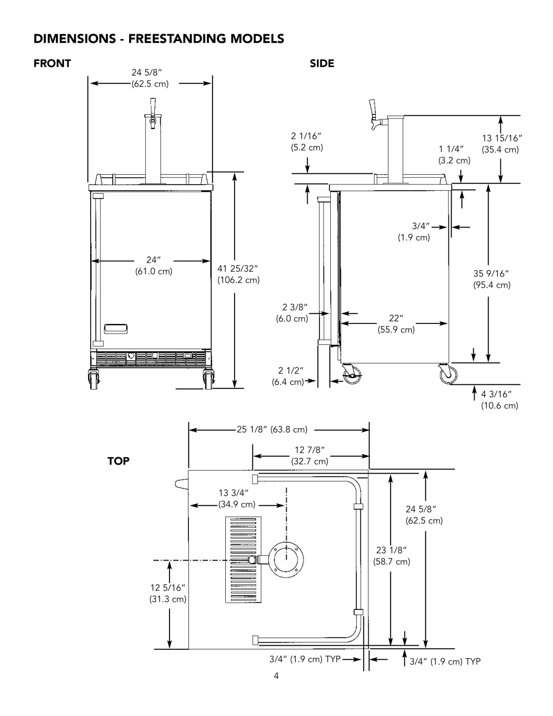 Viking VRBD/VUBD 24 W installation instructions Dimensions Freestanding Models, Front, Top 