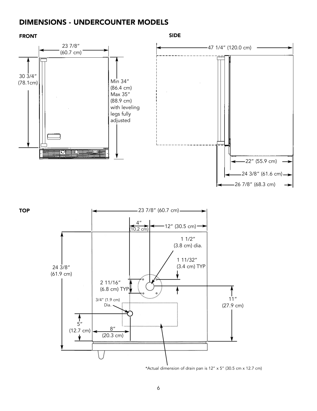 Viking VRBD/VUBD 24 W installation instructions Dimensions Undercounter Models, Front Side, Top 