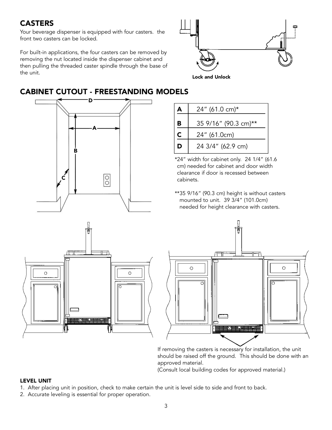 Viking VRBD/VUBD 24" W installation instructions Casters, Cabinet Cutout - Freestanding Models, Level Unit 