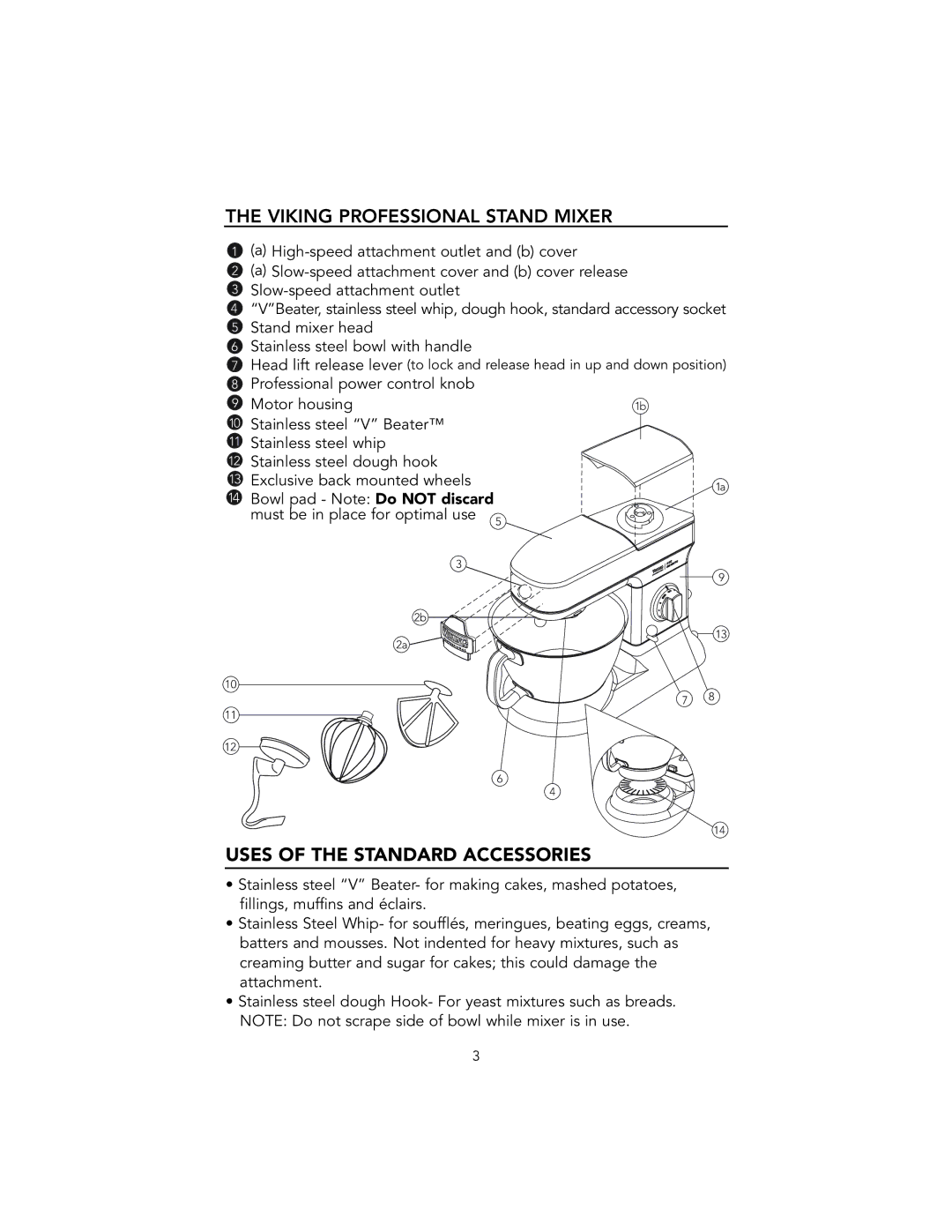 Viking VSM700, VSM500 manual Viking Professional Stand Mixer, Uses of the Standard Accessories 