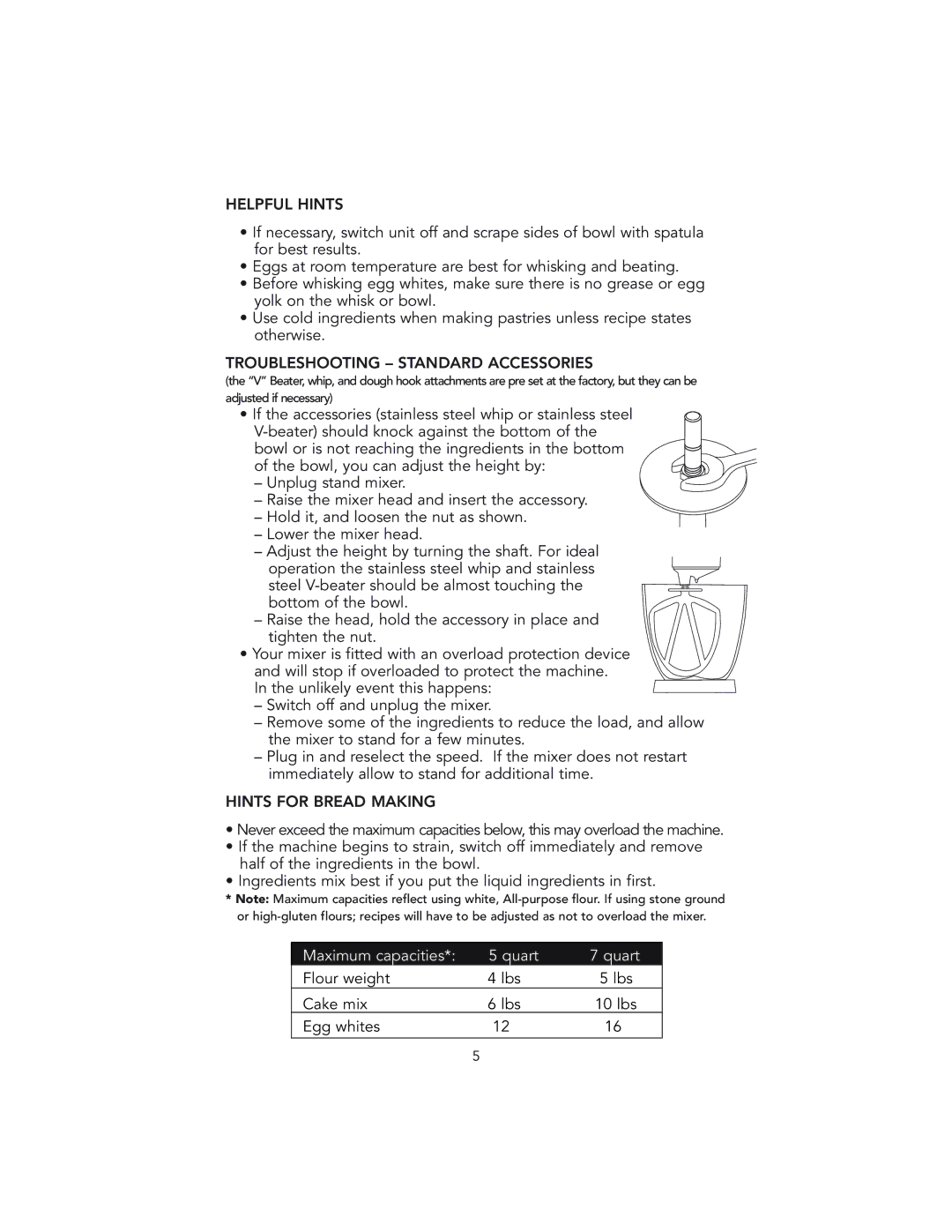 Viking VSM700, VSM500 manual Helpful Hints, Troubleshooting Standard Accessories, Hints for Bread Making 