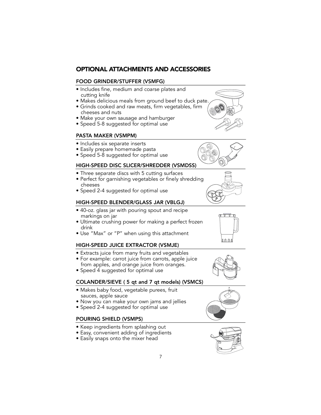 Viking VSM700, VSM500 manual Optional Attachments and Accessories 