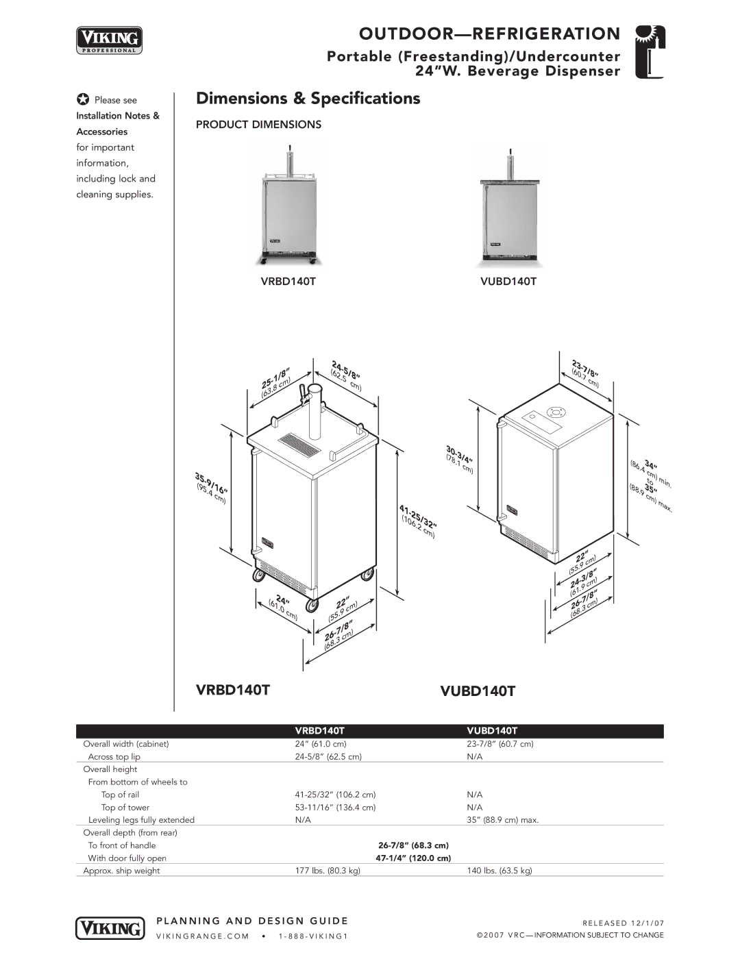 Viking manual Dimensions & Specifications, VRBD140TVUBD140T 