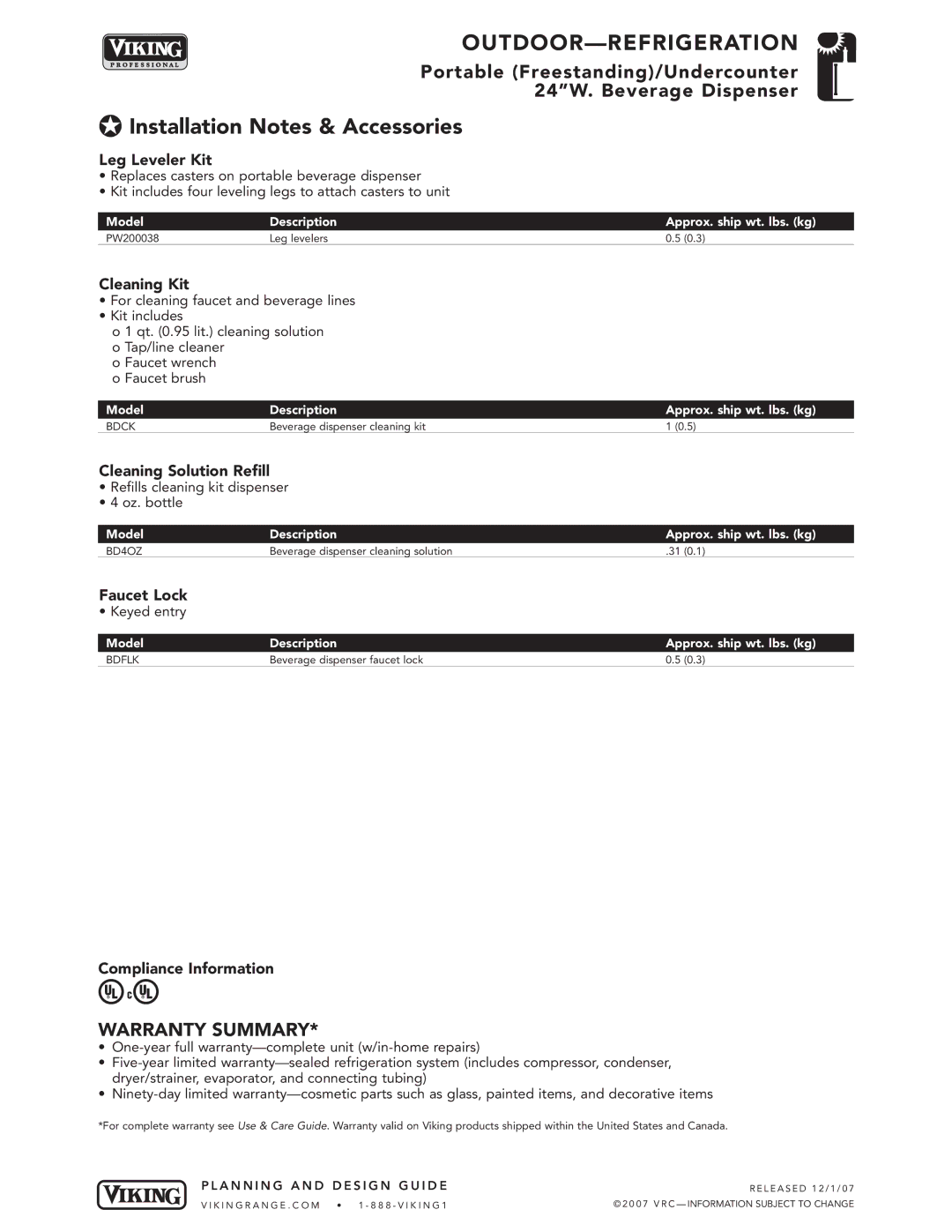 Viking VRBD140T, VUBD140T manual Installation Notes & Accessories, Warranty Summary 