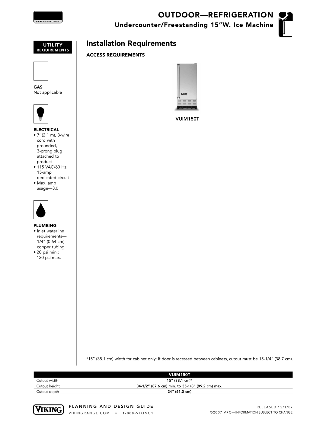 Viking VUIM150T manual Installation Requirements, Utility 