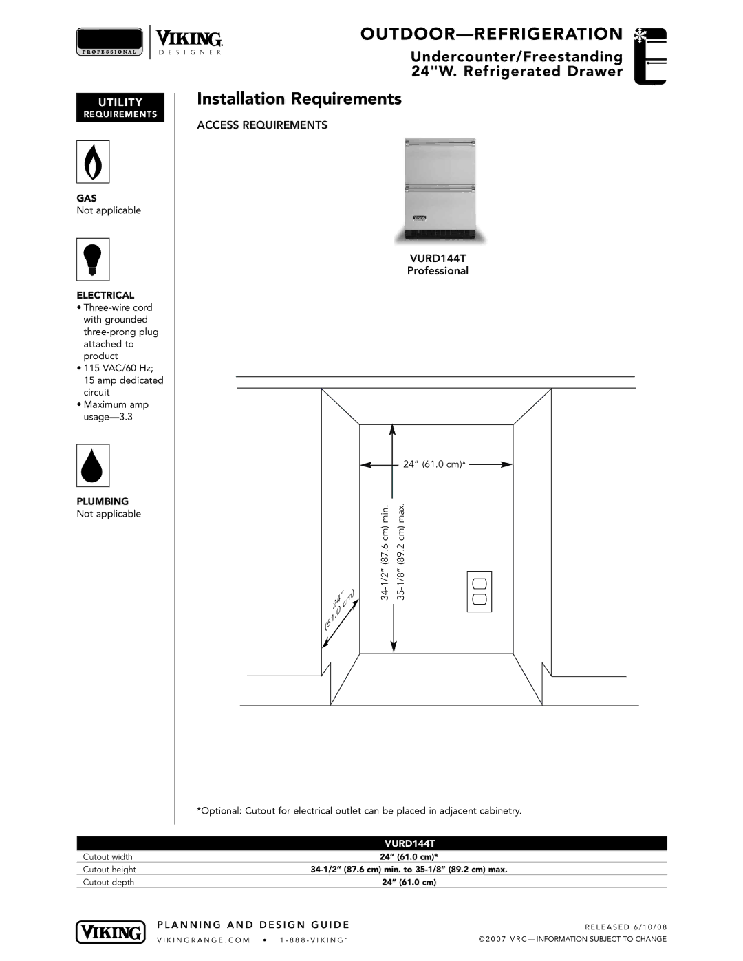 Viking manual Installation Requirements, Access Requirements VURD144T 