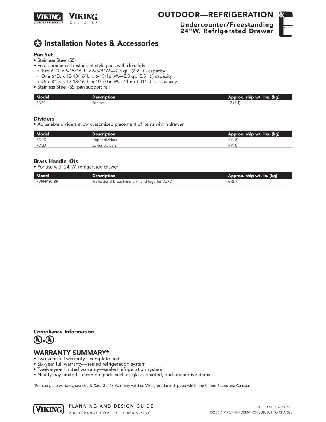 Viking VURD144T manual Installation Notes & Accessories, Pan Set, Dividers, Brass Handle Kits, Compliance Information 