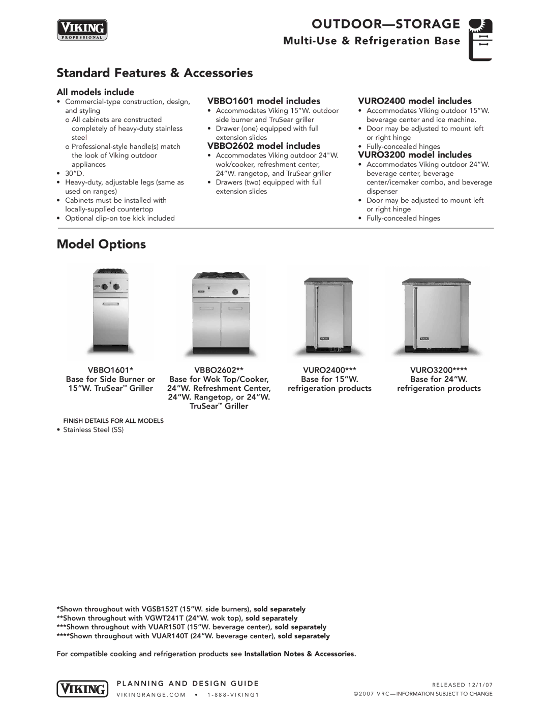 Viking manual Standard Features & Accessories, Model Options, VBBO2602 model includes, VURO3200 model includes 