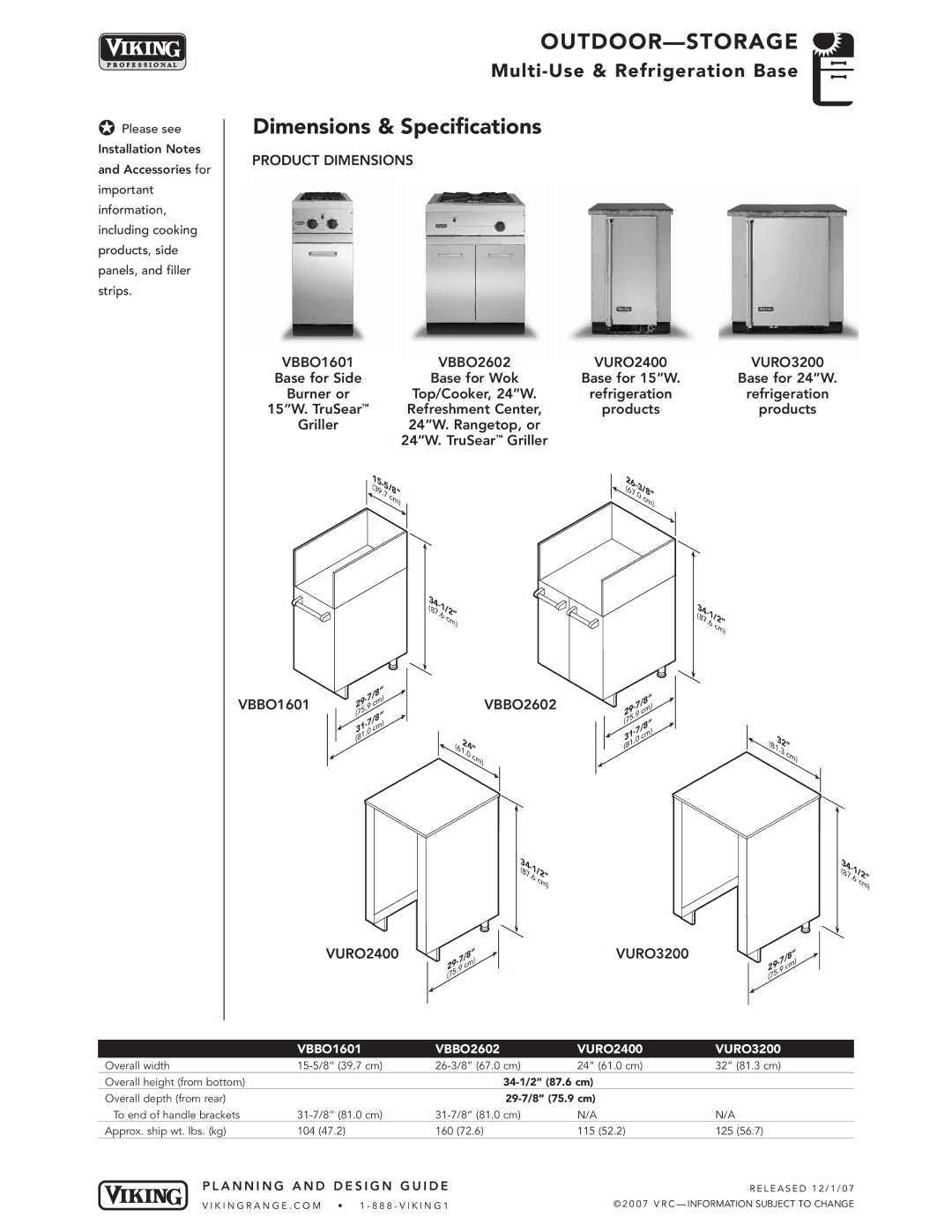 Viking manual Dimensions & Specifications, Product Dimensions, VBBO1601 VBBO2602 VURO2400 VURO3200 