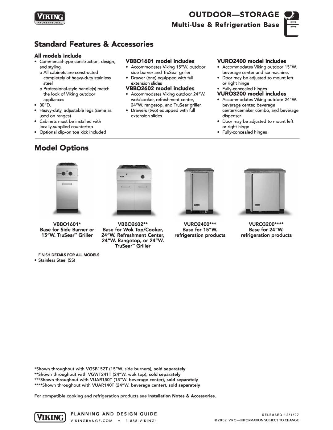 Viking VBBO2602 manual Outdoor-Storage, Standard Features & Accessories, Model Options, Multi-Use& Refrigeration Base 