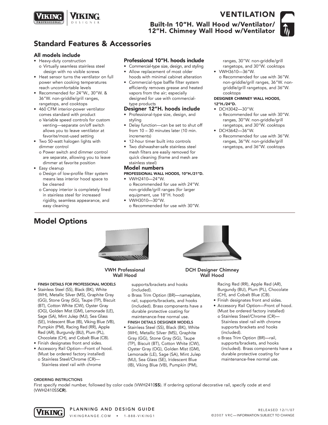 Viking DCH, VWH manual Standard Features & Accessories, Model Options 