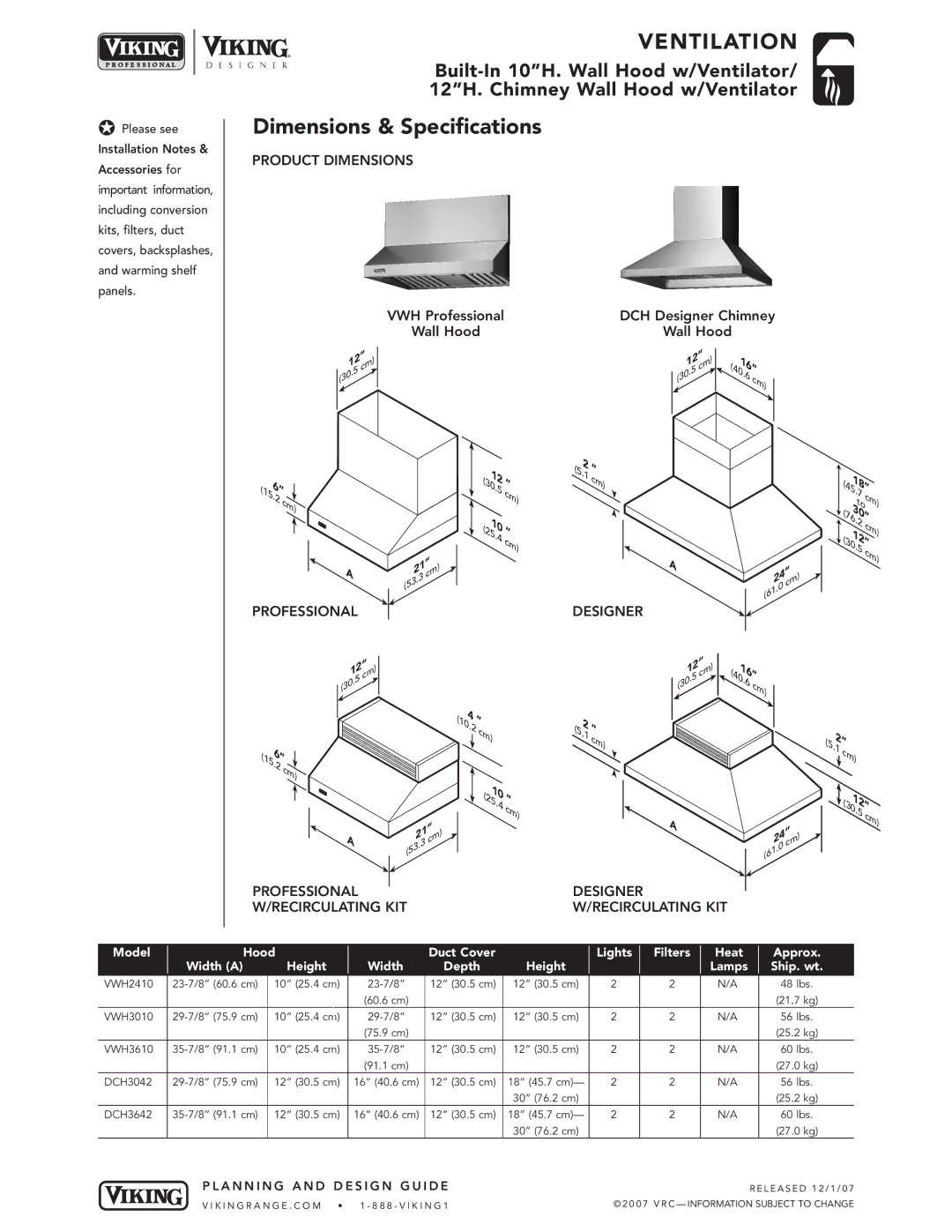 Viking manual Dimensions & Specifications, VWH Professional Wall Hood DCH Designer Chimney, Ship. wt 