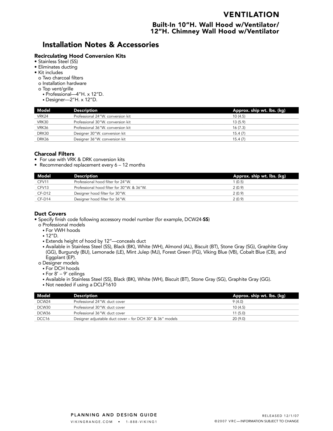 Viking DCH, VWH manual Installation Notes & Accessories, Recirculating Hood Conversion Kits, Charcoal Filters, Duct Covers 