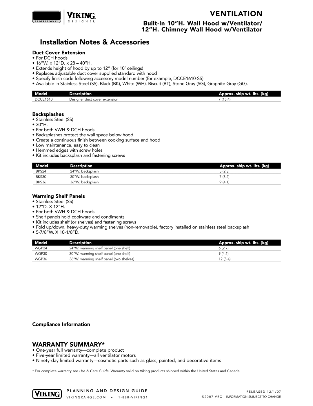Viking VWH, DCH manual Duct Cover Extension, Backsplashes, Warming Shelf Panels, Compliance Information 
