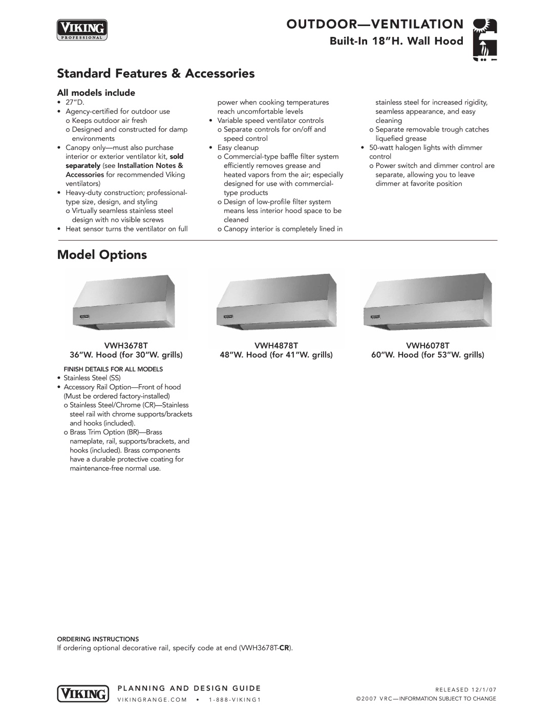 Viking VWH4878T, VWH6078T, VWH3678T manual Standard Features & Accessories, Model Options, All models include 