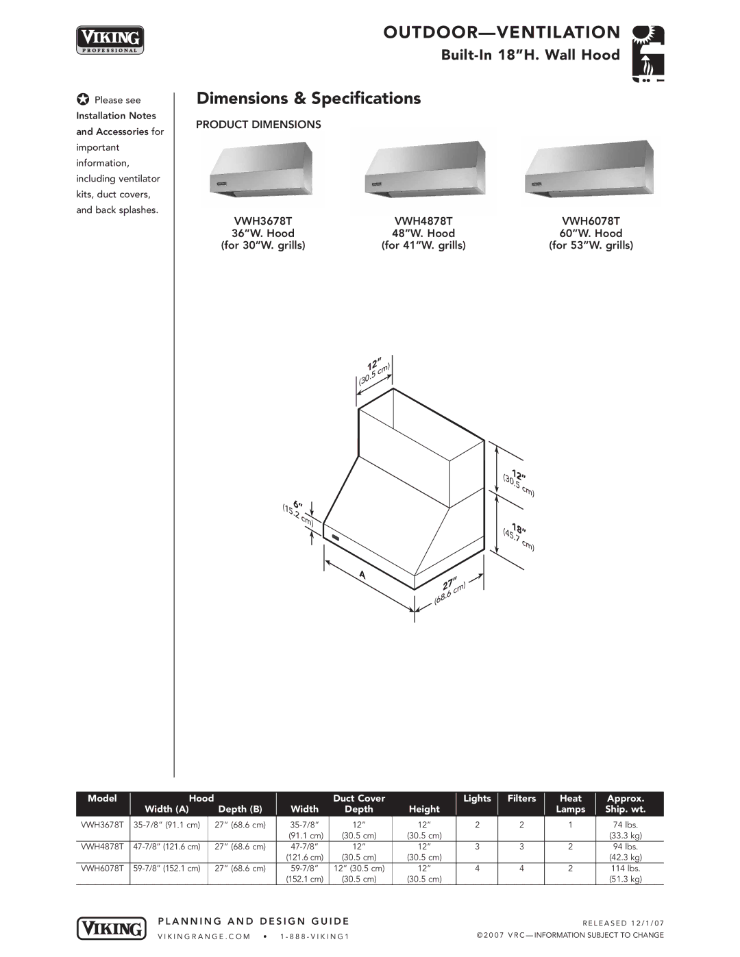 Viking VWH3678T, VWH6078T, VWH4878T manual Dimensions & Specifications, Product Dimensions 