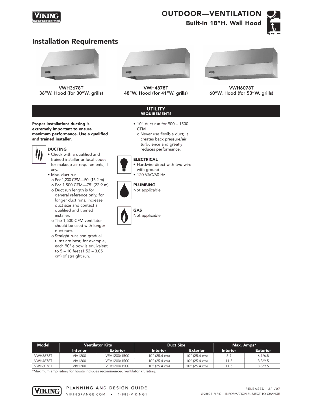 Viking VWH4878T, VWH6078T, VWH3678T manual Installation Requirements, Cfm 