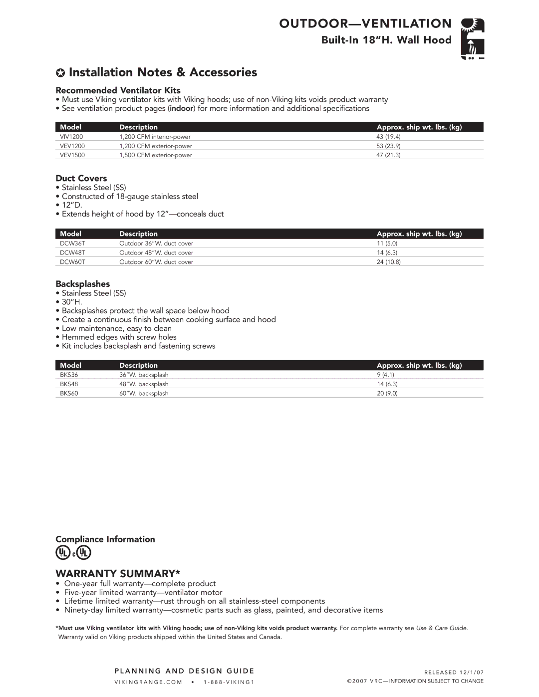 Viking VWH3678T, VWH6078T manual Installation Notes & Accessories, Recommended Ventilator Kits, Duct Covers, Backsplashes 