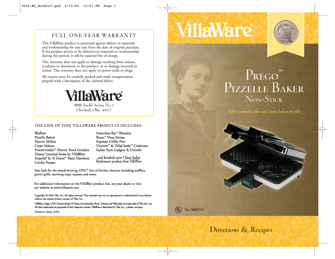 Villaware 3600-NS warranty Directions & Recipes, Fu L L O N E -Ye A R Wa R R A N T Y, Prego Pizzelle Baker, Non-Stick 