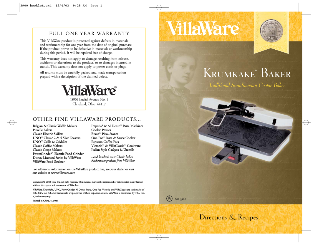 Villaware 3900 warranty Directions & Recipes, Fu L L O N E Y E A R Wa R R A N T Y, Krumkake Baker 