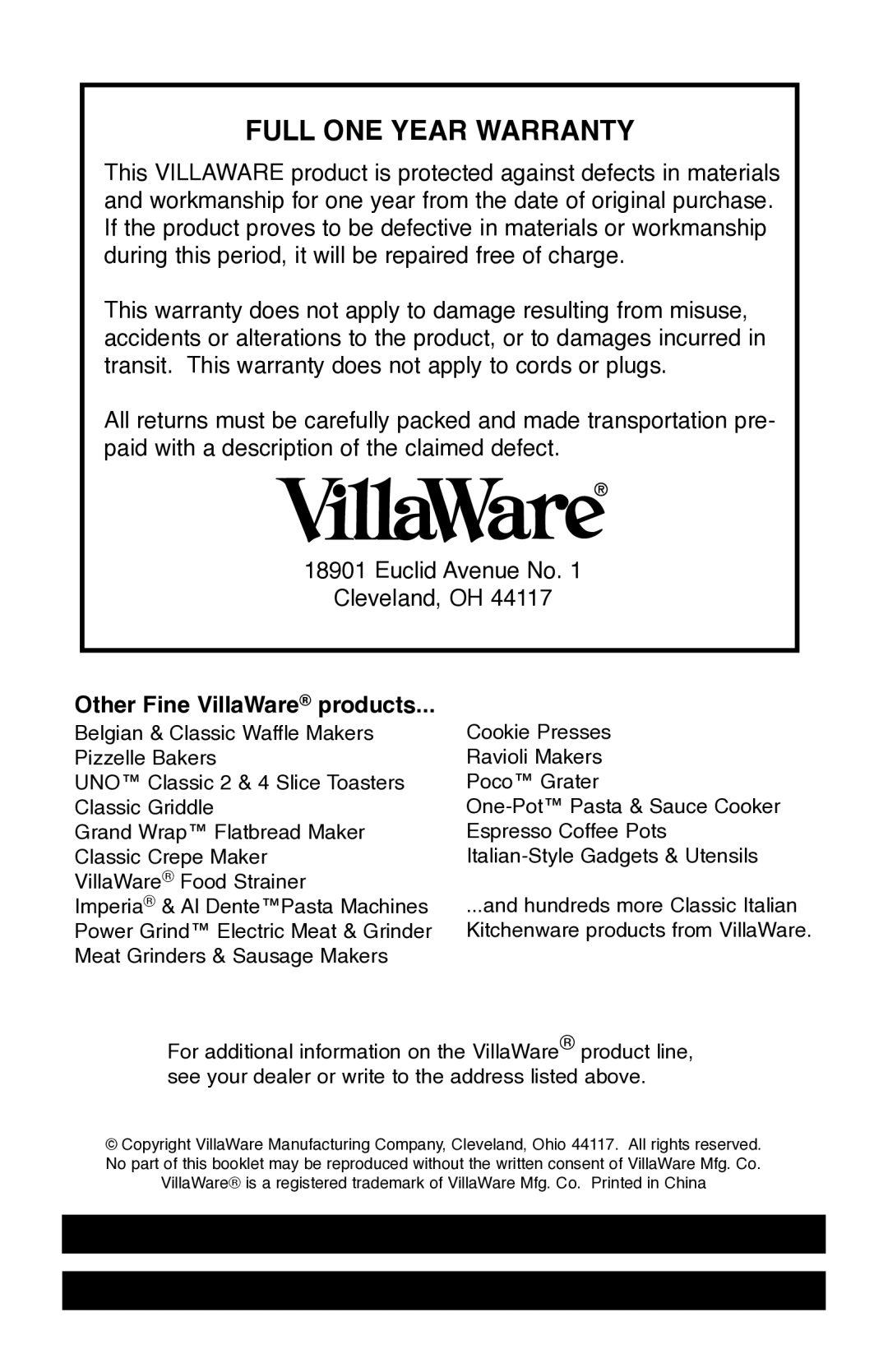 Villaware 5230 manual Full ONE Year Warranty, Other Fine VillaWare products 